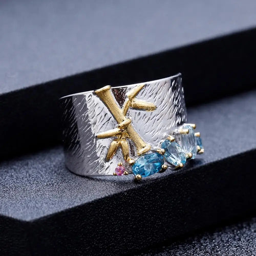GEM'S BALLET Natural Creative Blue Topaz Gemstone Ring 925 Sterling Silver Handmade Bamboo Finger Rings for Women Fine Jewelry