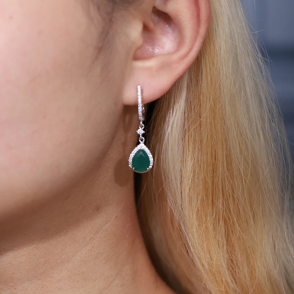 GEM'S BALLET Solid 925 Sterling Silver Gemstone Earrings Ring Set Natural Green Agate Jewelry Set For Women Vintage Fine Jewelry