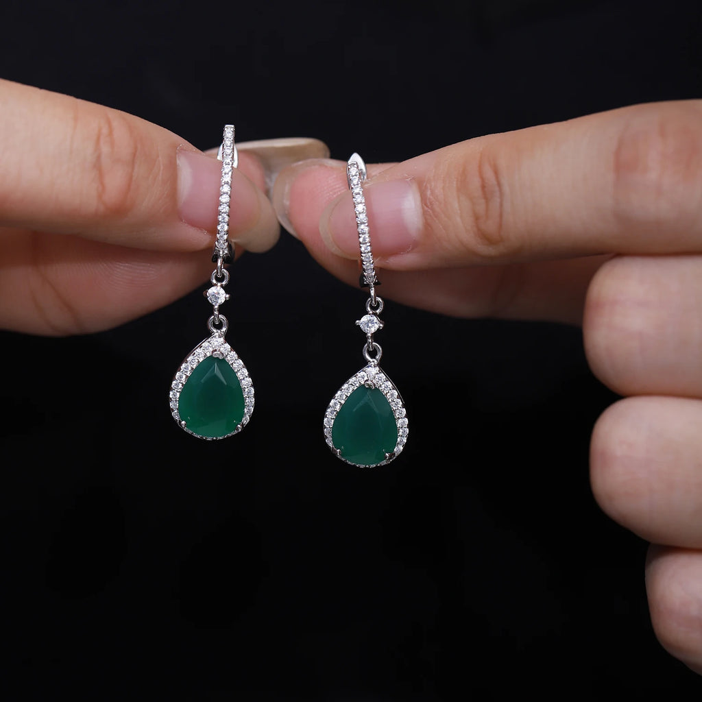 GEM'S BALLET Solid 925 Sterling Silver Gemstone Earrings Ring Set Natural Green Agate Jewelry Set For Women Vintage Fine Jewelry